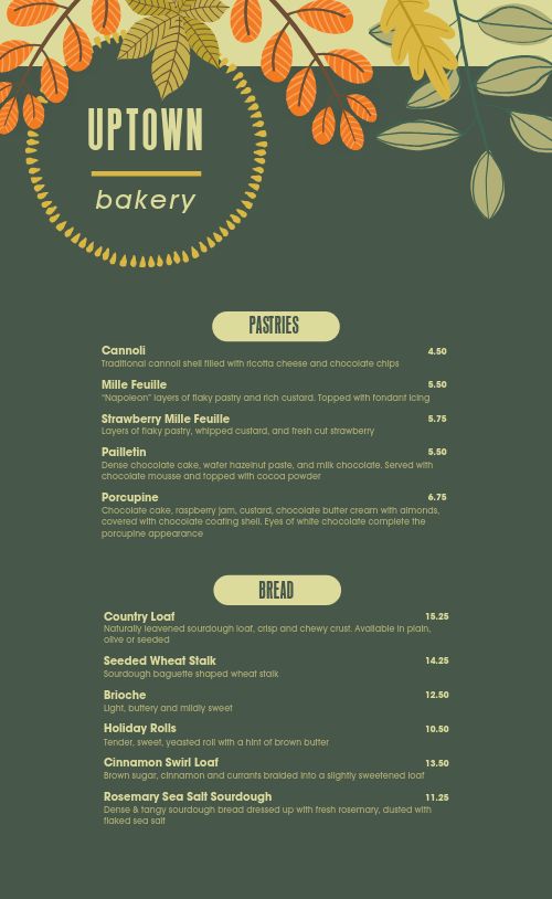 Foliage Baked Goods Menu Design Template by MustHaveMenus