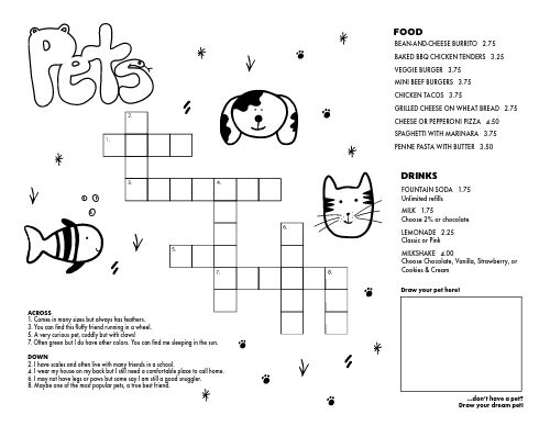 Kids Crossword Menu page 1 preview