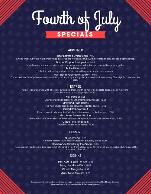 July Fourth Holiday Menu page 1 preview