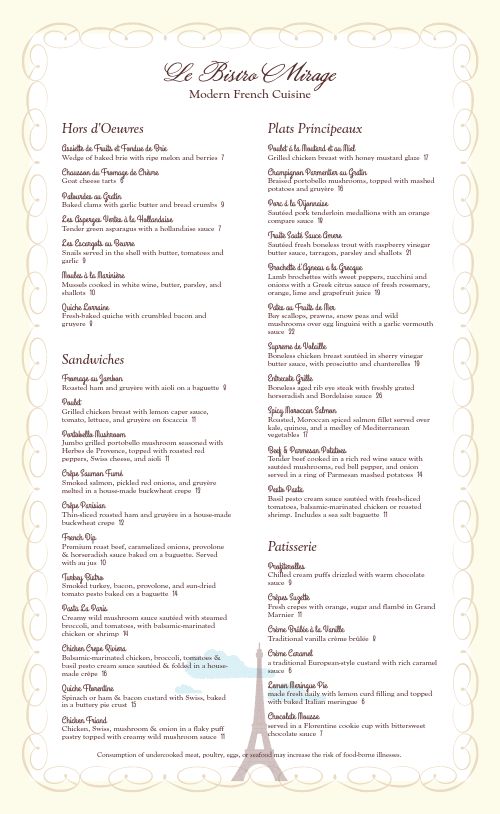 Menu For Eiffel Tower Restaurant In Paris