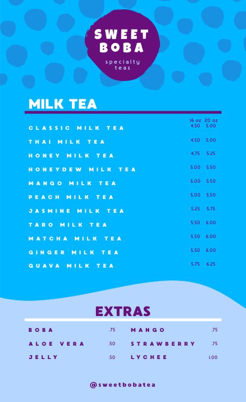 Blue Milk Tea Menu