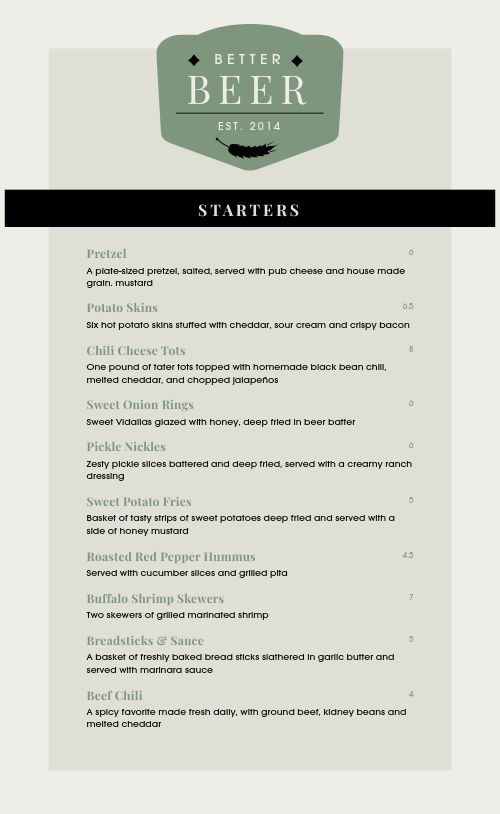 Classy Green Pub Menu page 1 preview