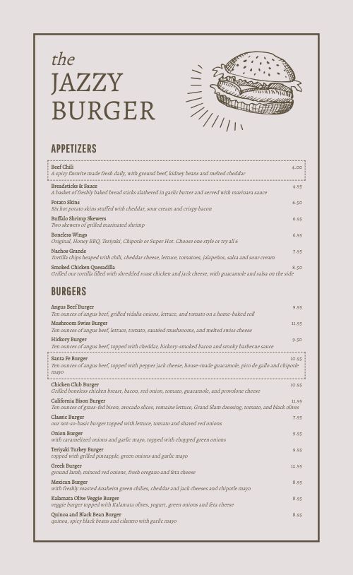Printable Burger Menu page 1 preview