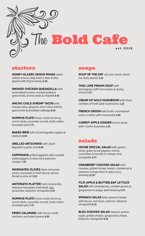 Bold Cafe Menu page 1 preview