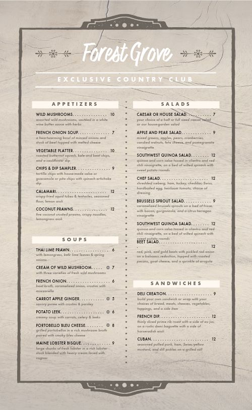 Wood Country Club Menu page 1 preview