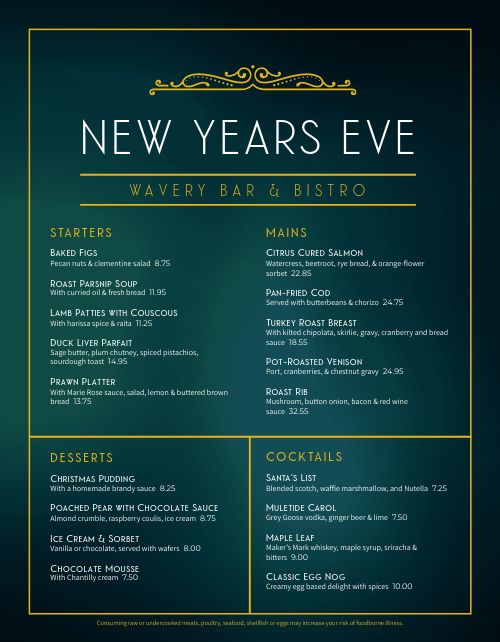 Elegant New Years Eve Menu page 1 preview