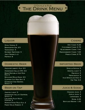 Irish Beer Bar Menu