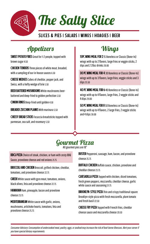 Iconic Red and Green Pizza Menu