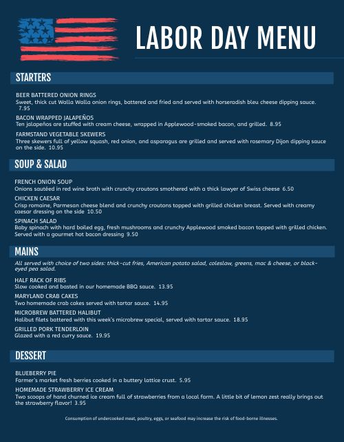 Blue Labor Day Menu Design Template by MustHaveMenus