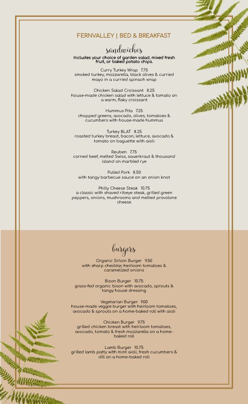 Bed and Breakfast Dining Menu