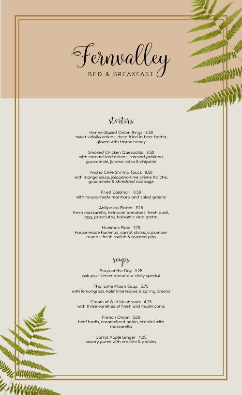 Bed and Breakfast Dining Menu