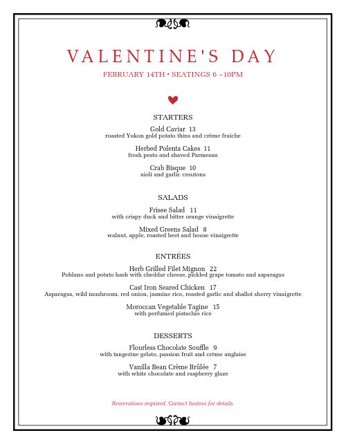 Valentine's Day Dinner Menu page 1 preview