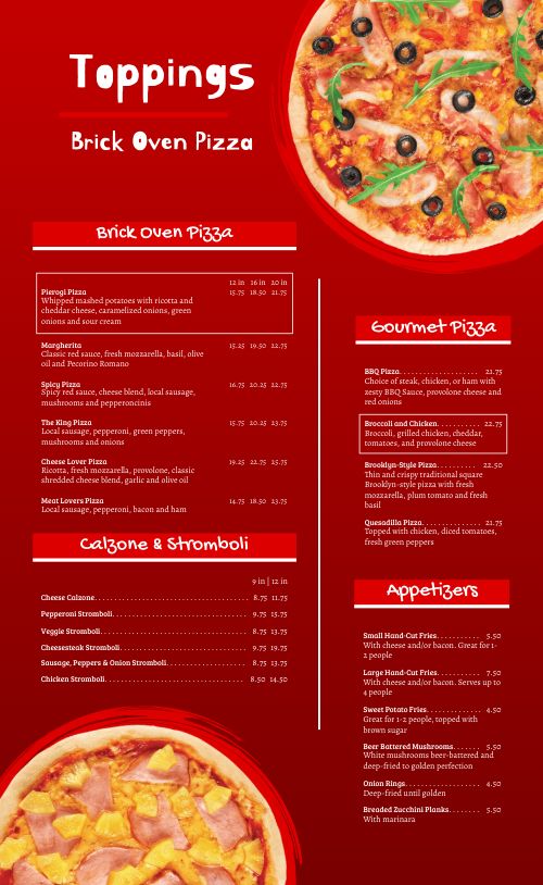 Radiant Red Pizza Menu page 1 preview