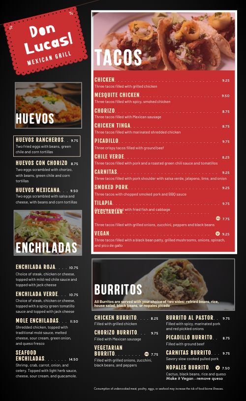 Mexicano Dinner Menu page 1 preview