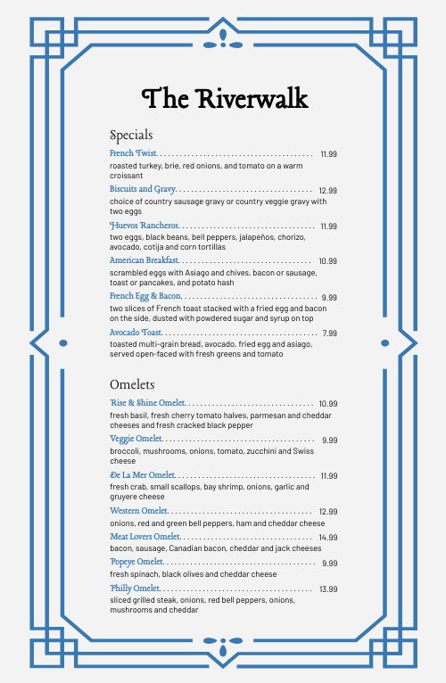 Blue Bordered Brunch Tabloid Menu page 1 preview