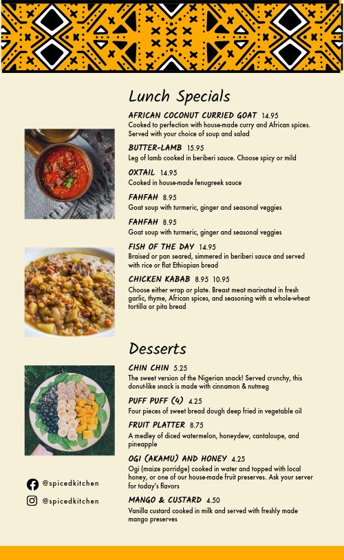 African Fusion Menu Design Template by MustHaveMenus