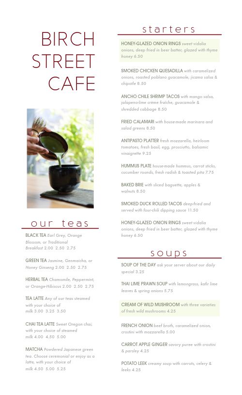Simple Cafe Tea Menu page 1 preview
