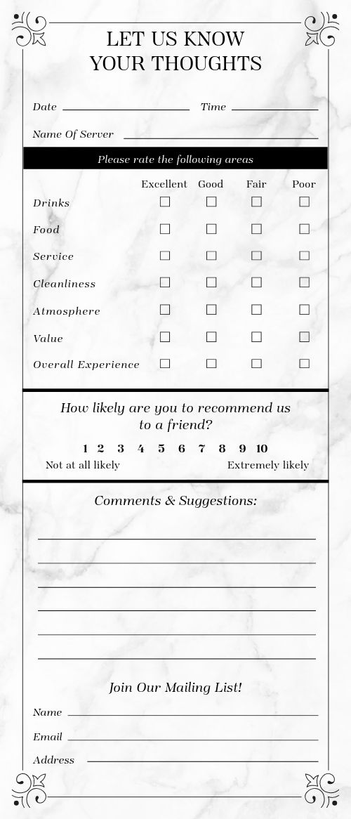 Bistro Comment Card