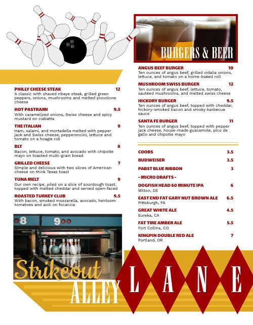 Classic Red Bowling Menu page 1 preview