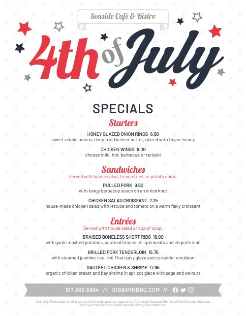 July 4th Specials Menu page 1 preview