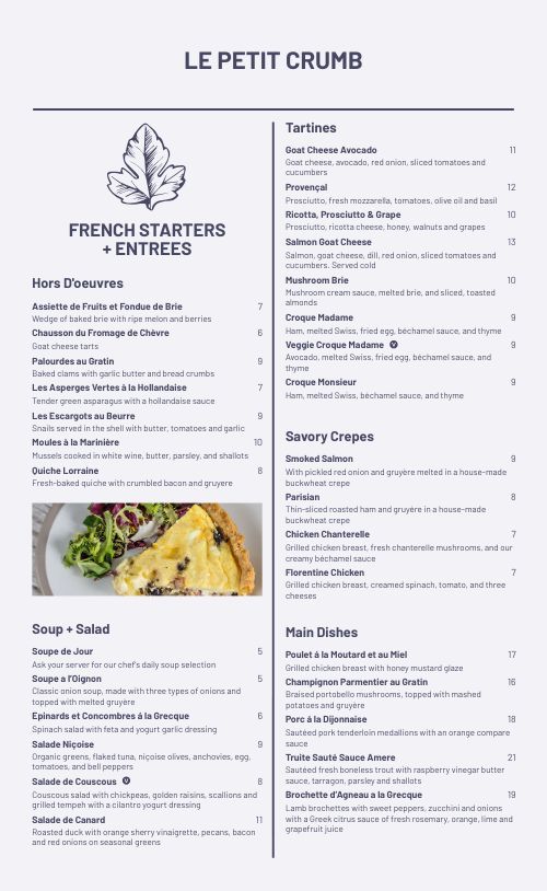 French Eatery Menu