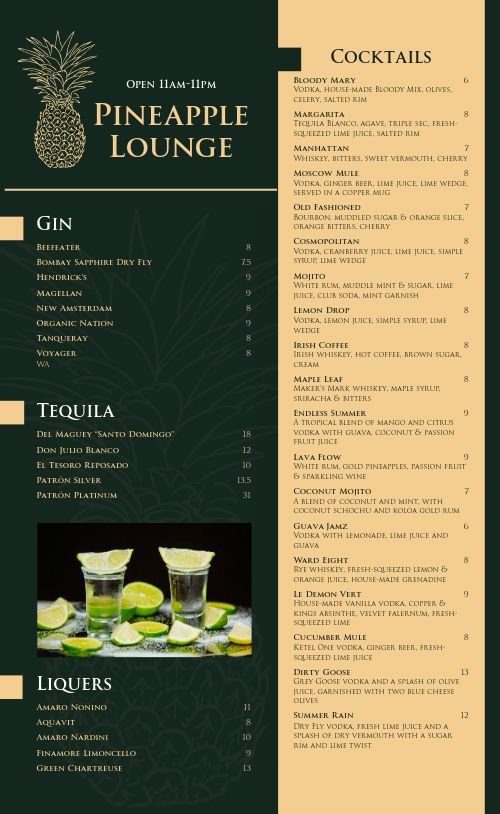 Tropical Cocktail Lounge Menu