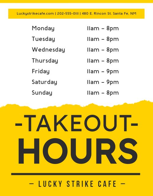 Takeout Hours Signage