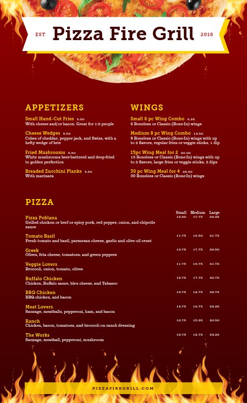 Fiery Hot Pizza Menu Design Template by MustHaveMenus