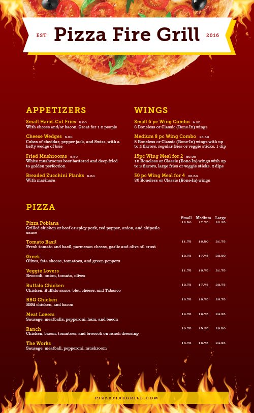 Fiery Hot Pizza Menu page 1 preview