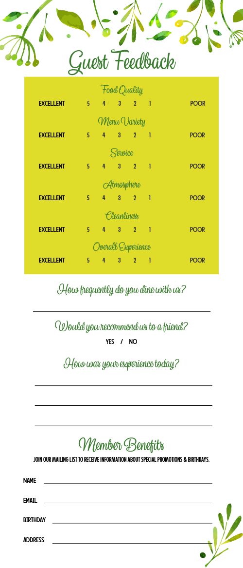 Fresh Cafe Comment Card