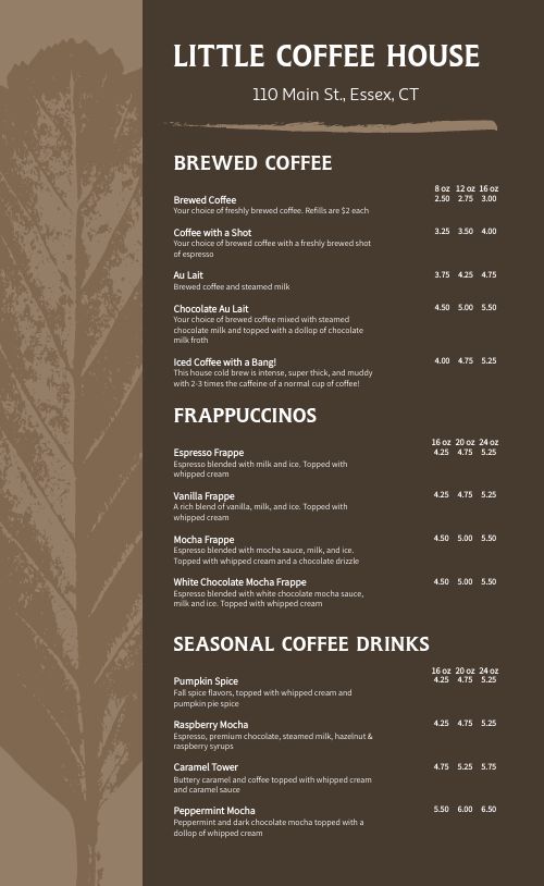 Autumn Coffeehouse Menu page 1 preview
