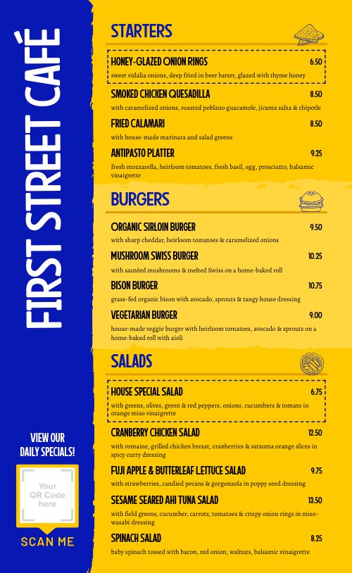 Bright Yellow Cafe Menu page 1 preview