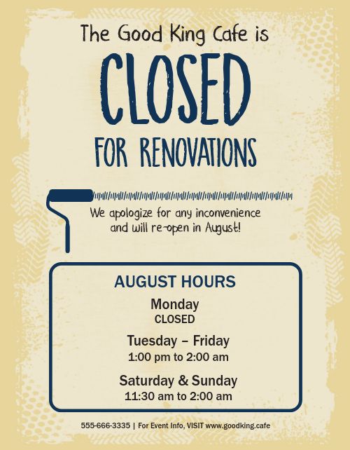 Due to exciting renovations we will be closed for July & August