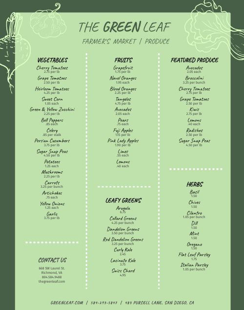 Green Farmers Market Menu Poster
