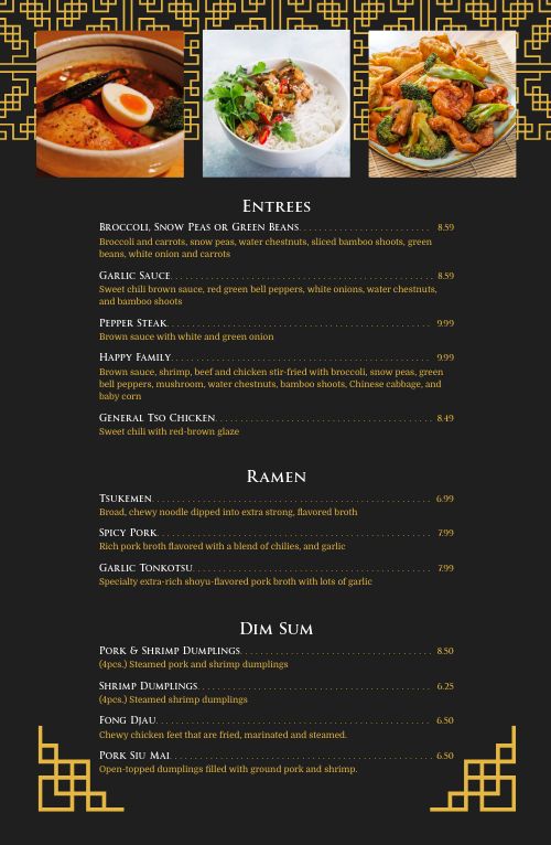 Black and Gold Chinese Tabloid Menu Design Template by MustHaveMenus