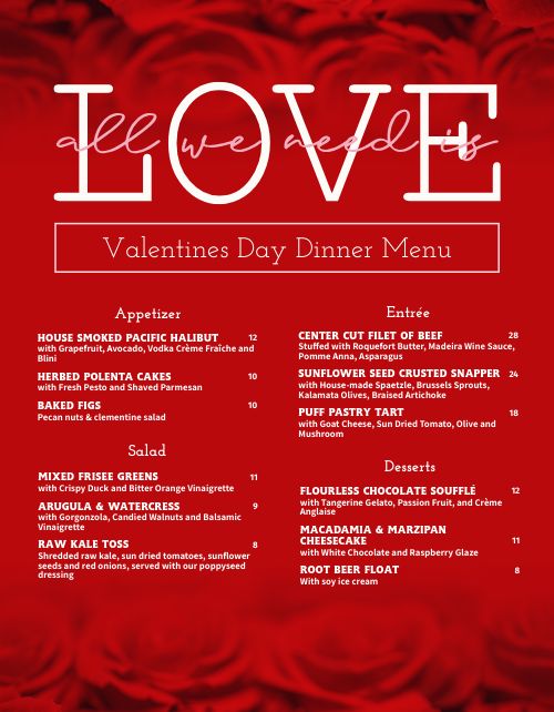 Rose Valentine's Day Menu page 1 preview