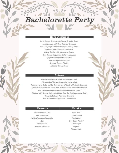 Bachelorette Party Menu Example