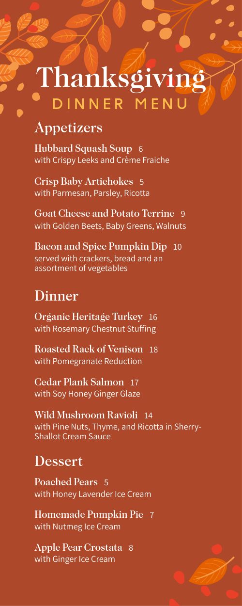Autumnal Thanksgiving Half Page Menu page 1 preview