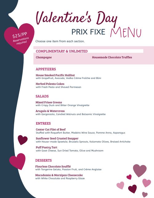 Lovely Teal Valentines Day Menu