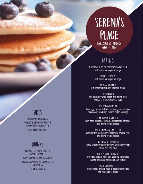 Blueberry Pancake Breakfast Menu Design Template By Musthavemenus