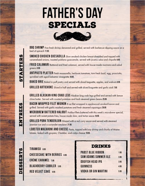 Fathers Day Specials Menu
