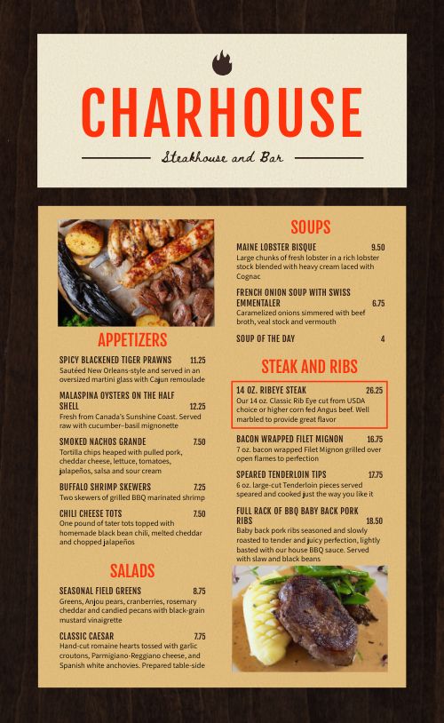 Classic Wooden Steak Menu Design Template by MustHaveMenus