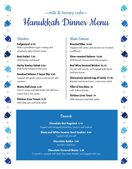 Hanukkah Dinner Menu page 1 preview