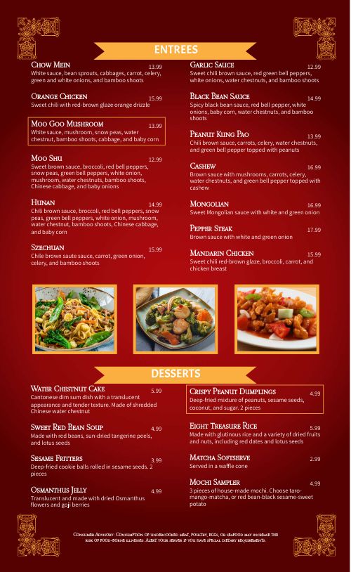 Chinese Cuisine Menu Example