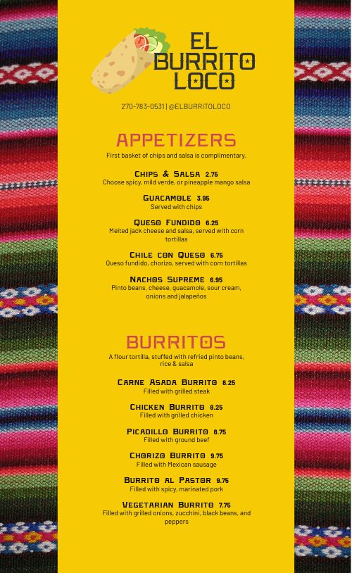 Traditional Patterned Mexican Menu