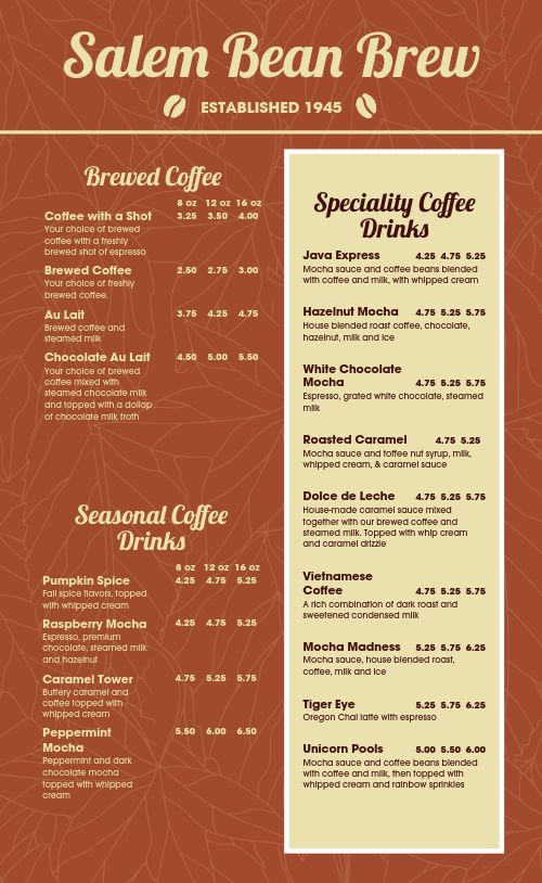 Autumn Coffee Menu page 1 preview