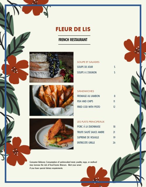 Floral French Menu Design Template by MustHaveMenus