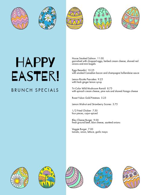 Easter Egg Specials Menu