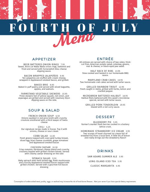 Printable Fourth of July Menu