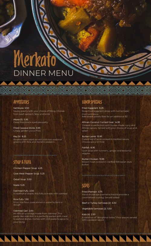 African Eatery Menu Design Template by MustHaveMenus